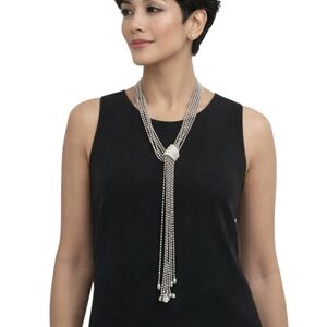 Silver Beads & Rhinestone Lariat Sautoir Necklace | 22” Adjustable